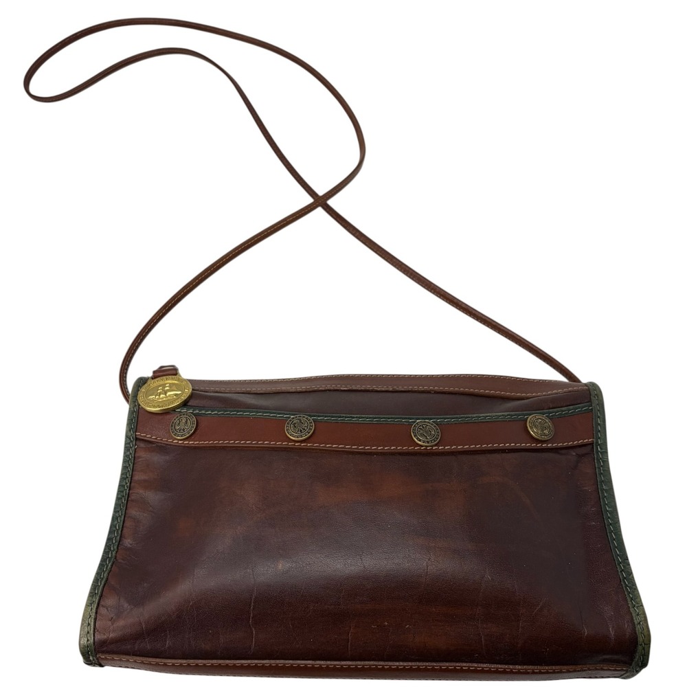 Vintage Brahmin Leather Crossbody Shoulder Bag Brown Green Trim Brass Medallions